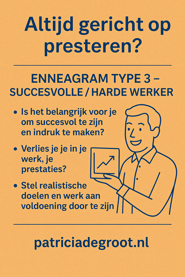 Type3 | Patricia de Groot Visualisatie van Enneagram type 3: een succesvolle, doelgerichte persoon die streeft naar erkenning maar worstelt met faalangst en eenzaamheid.