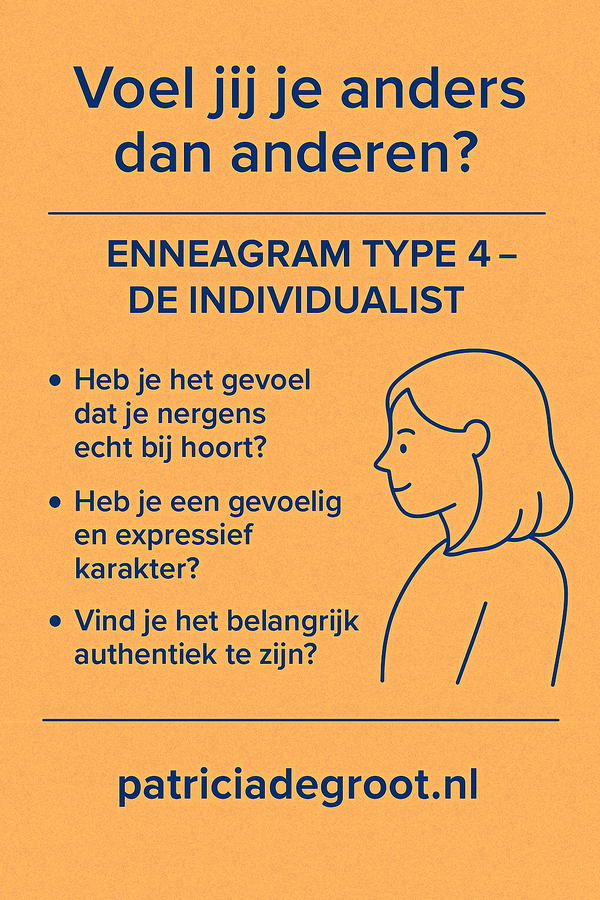 Illustratie van Enneagram type 4: een creatief en gevoelig persoon die streeft naar authenticiteit, maar worstelt met emotionele diepte en afzondering."