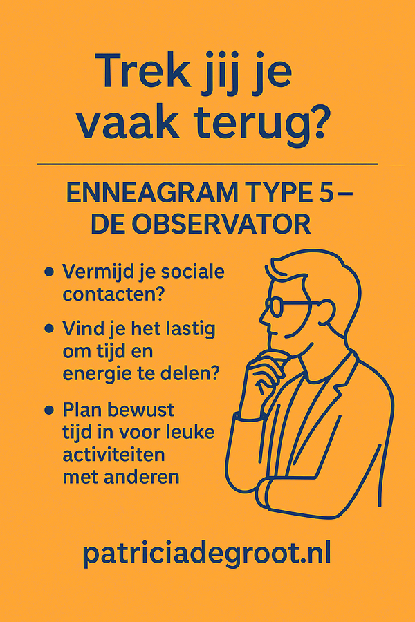 type5 | Patricia de Groot Visuele weergave van Enneagram type 5: een stille denker die zich terugtrekt in zijn gedachtewereld, maar verlangt naar betekenisvolle verbinding."